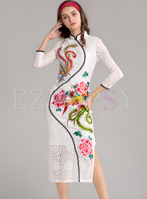 Elegant Embroidery Stand Collar Lace Bodycon Dress