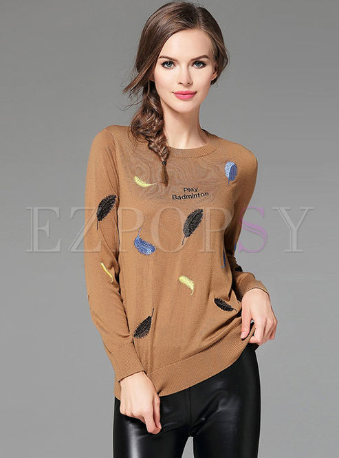 Feather Embroidered Long Sleeve Knitted Top
