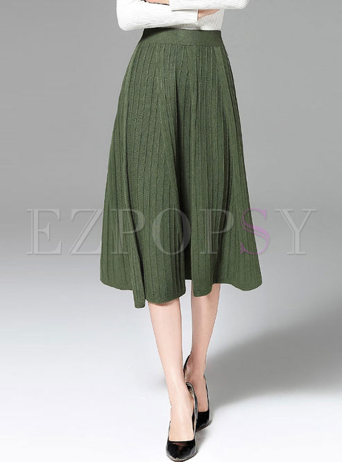 Green Elastic Waist Big Hem Knitted Skirt