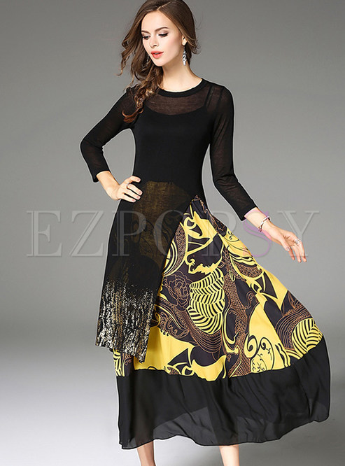 Black Fashion Print False Two-piece Maxi Dress