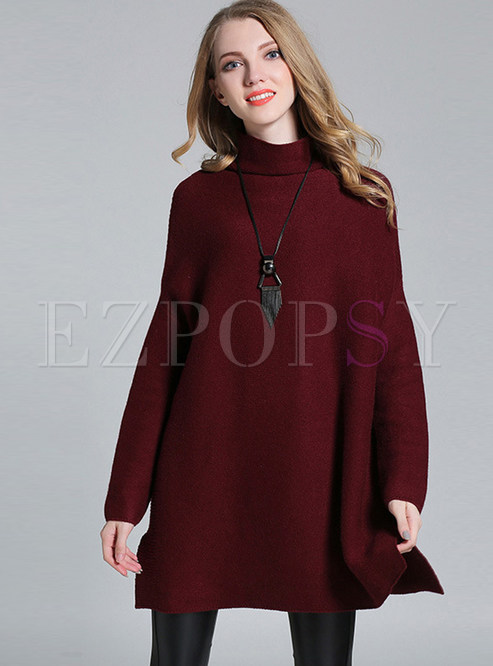 Wine Red Casual Pure Color Turtle Neck Sweater