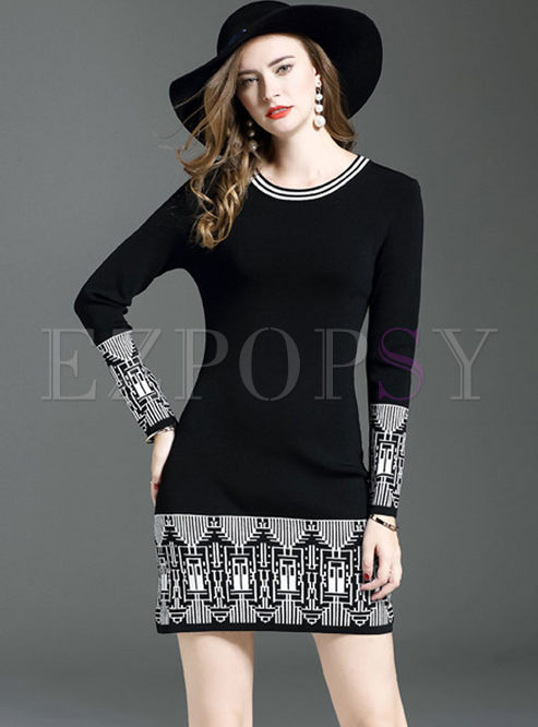 Hit Color Splicing Long Sleeve Bodycon Knitted Dress