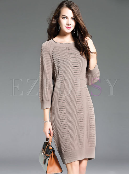 Pure Color Splicing Loose Long Sleeve Knitted Dress
