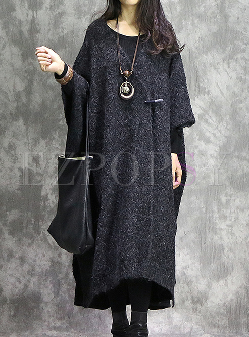 Grey Bat Sleeve Oversized Woolen Coat