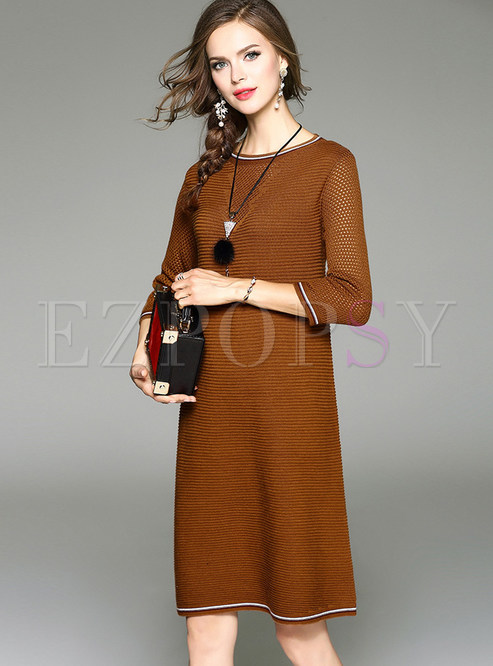 Brown Brief O-neck Three Quarters Sleeve Knitted Dress