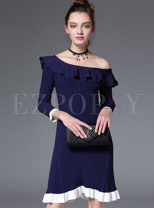 Navy Blue Sexy Off-shoulder Ruffled Collar Knitted Dress