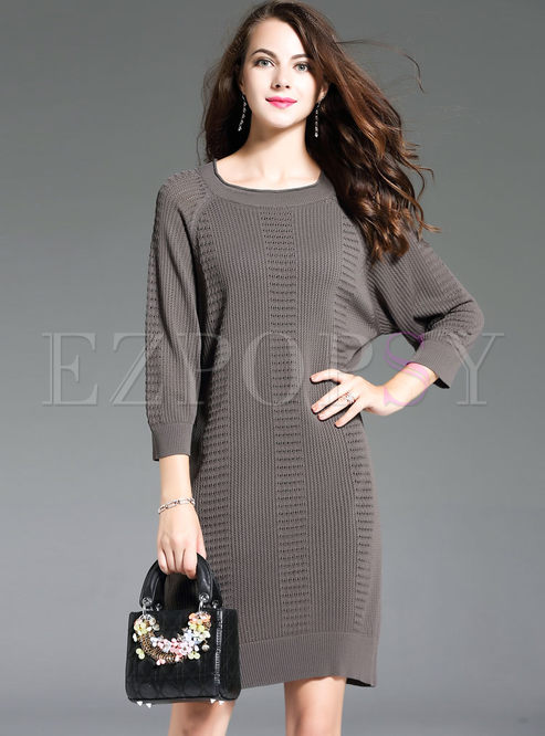 Pure Color Splicing Loose Long Sleeve Knitted Dress