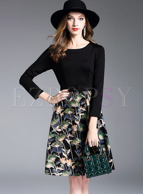 Black Long Sleeve Splicing Floral Print Skater Dress