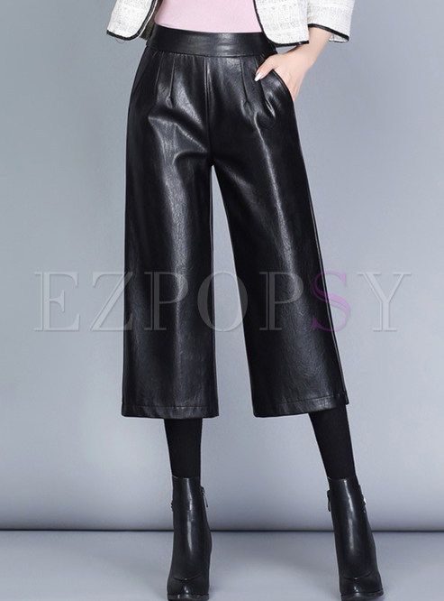 Black Leather Calf-length Wide Leg Pants