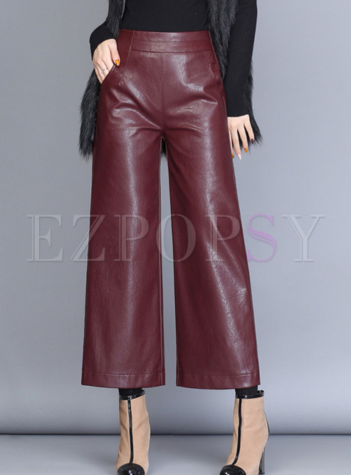 Wine Red Brief Wash Leather Wide Leg Pants