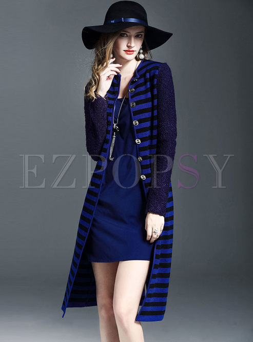 Striped Stitching Long Sleeve Single-breasted Coat