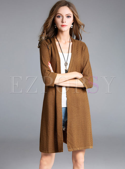 Brief V-neck Pure Color Three Quarters Sleeve Knitted Coat