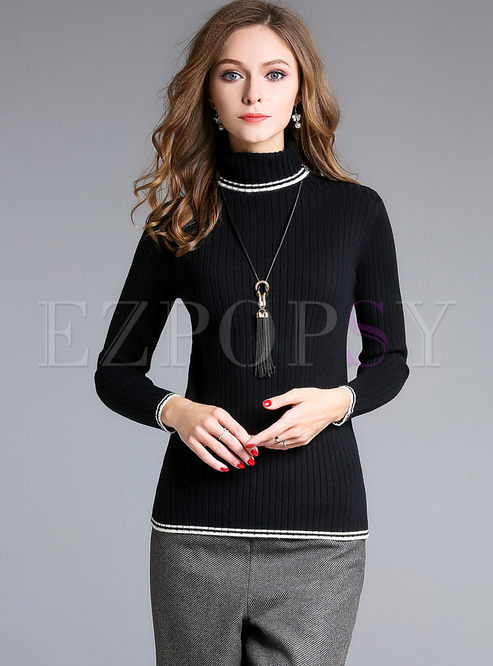 Brief Slim Turtle Neck Long Sleeve Knitted Sweater