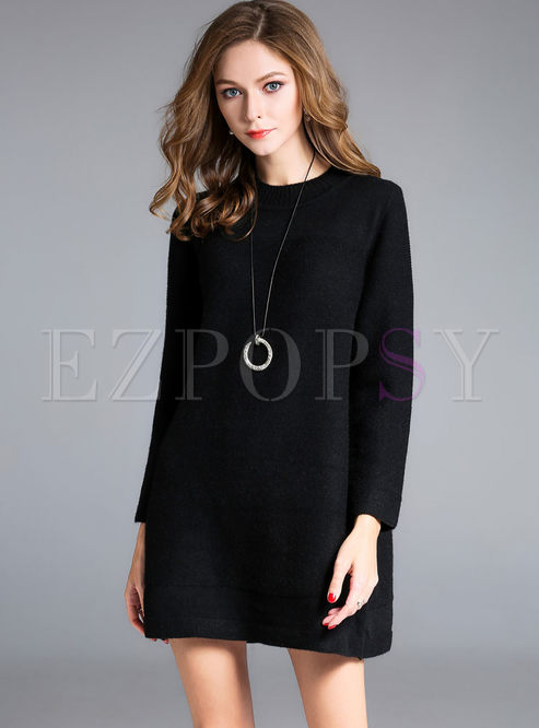 Pure Color Loose Long Sleeve Knitted Dress