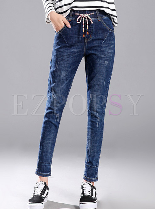 Denim Belted With Turn-ups Pencil Pants