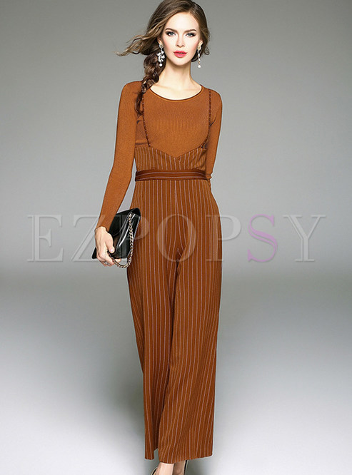 Slim Pure Color O-neck Sweater & Loose Vertical Striped Jumpsuits