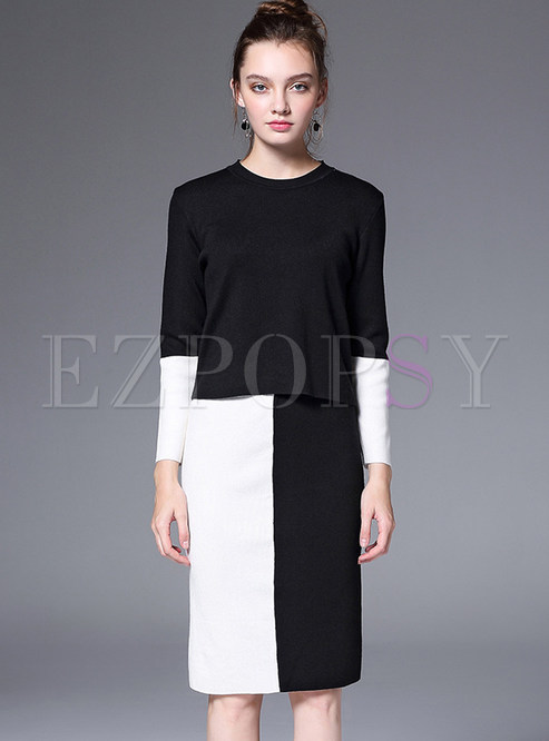 Black Slim Contrast Color Knitted Two-piece Outfits