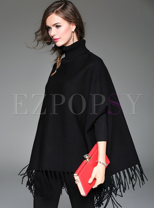 Tops | Sweaters | Stylish Black Tassel Hem Batwing Sleeve Sweater