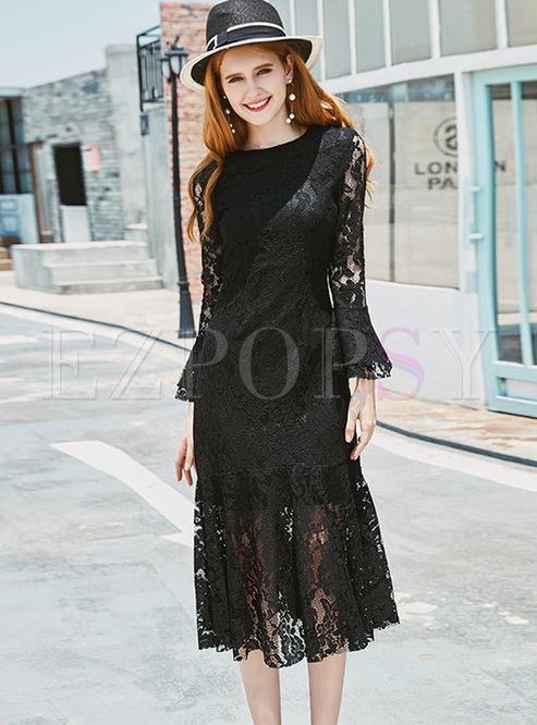 Black Party Lace Perspective Flare Sleeve Mermaid Dress