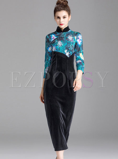 Ethnic Floral Print Velvet Stitching Bodycon Dress