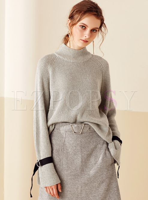 Grey Flare Sleeve Loose Knitted Sweater