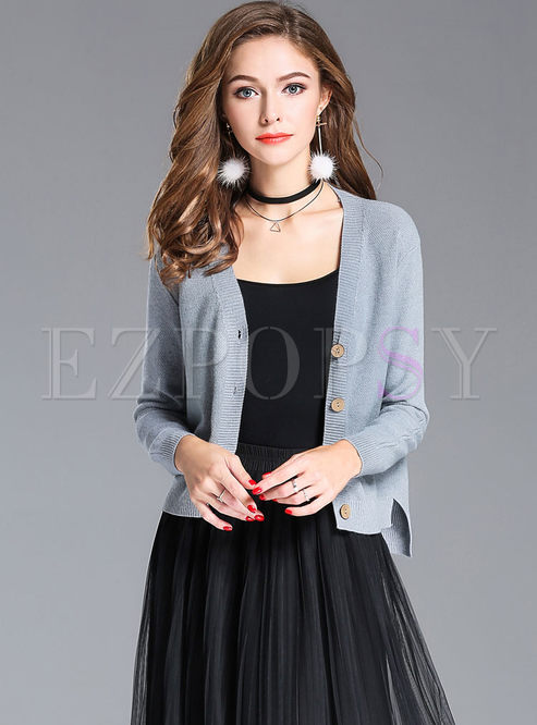Causal Single-breasted V-neck Long Sleeve Knitted Coat