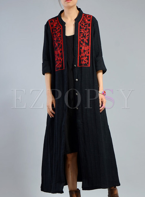 Black Vintage Embroidery Stand Collar Single-breasted Coat