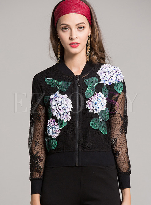 Stylish Floral Lace Hollow Out Coat