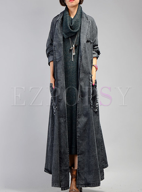 Black Casual Denim With Pockets Coat