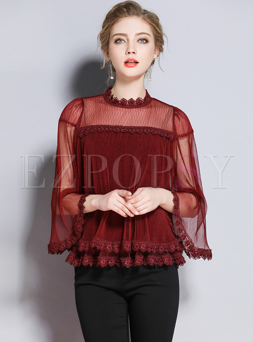 Sexy Perspective Flare Sleeve Pullover Blouse