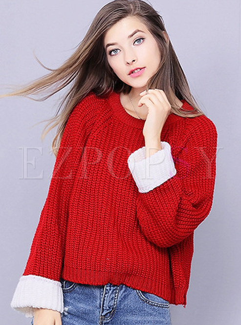 Red Stylish Loose Split O-neck Sweater