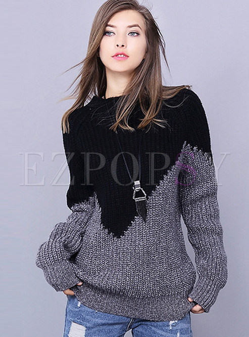 Black Casual Contrast Color O-neck Sweater