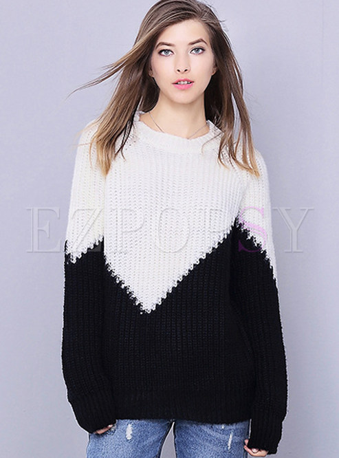 White Casual Contrast Color O-neck Sweater