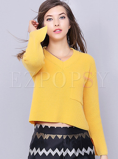 Brief Yellow V-neck Pullover Sweater