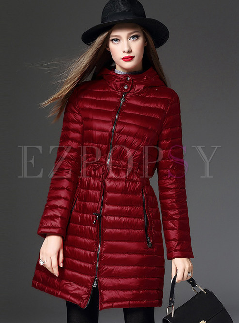 Wine Red Chic Gathered Waist Hooded Down Coat