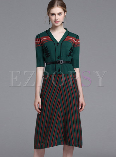 Elegant Belted Knitted V-neck Sweater & Striped Knee Length Skirt 