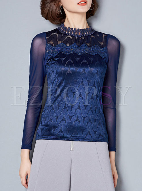 Sexy Mesh Stitching Lace Long Sleeve Top