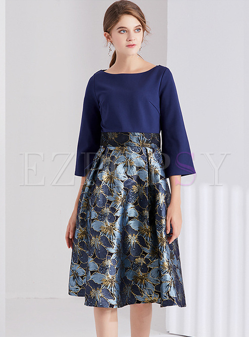 Elegant Floral Print Flare Sleeve A-line Dress