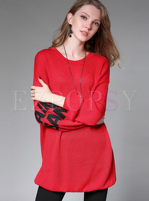 Red Brief Loose O-neck Letter Print Sweater