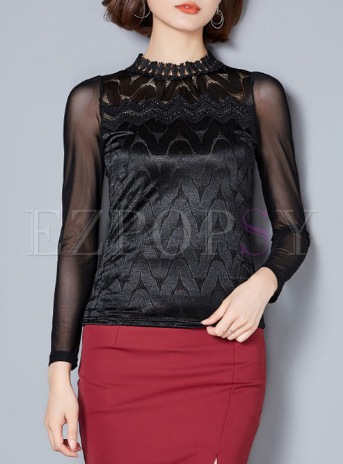 Sexy Mesh Stitching Lace Long Sleeve Top