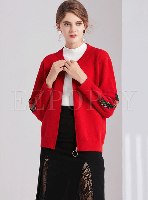 Red Butterfly Embroidery Knitted Coat