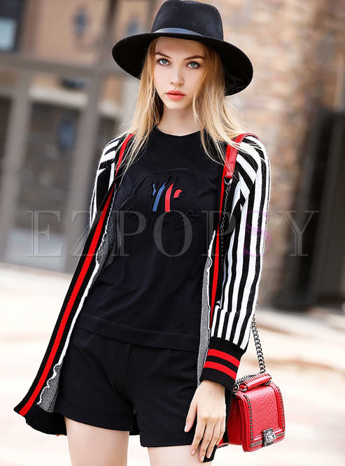 Striped Splicing Long Sleeve Knitted Coat