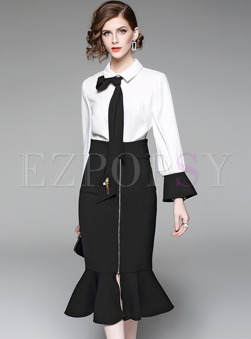 White Flare Sleeve Blouse & Black Zippered Mermaid Skirt