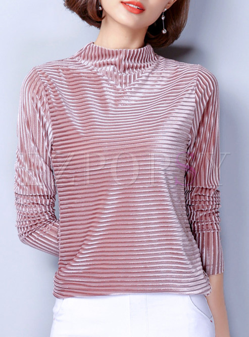 Pink Brief Stand Collar Striped T-shirt