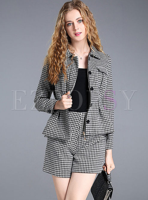 Brief Plaid Turn Down Collar Two-piece Outfits