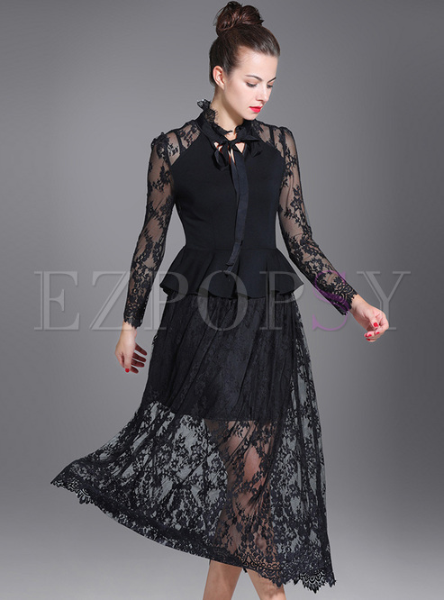Black Lace Perspective Hollow A-line Dress