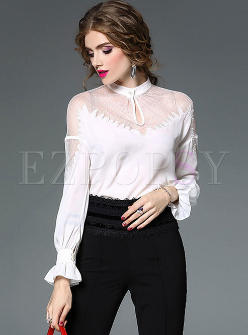 Hollow Out Mesh Embroidery Stand Collar Blouse