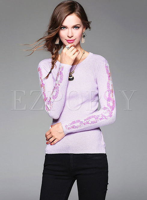 Causal Slim Sequins Long Sleeve Knitted Sweater