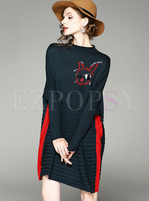 Dark Green Casual Batwing Sleeve Contrast Color Knitted Dress