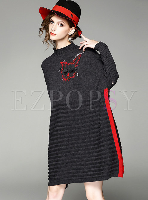 Casual Batwing Sleeve Contrast Color Knitted Dress